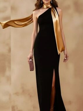 One-Shoulder Black Evening Gown with Gold Scarf. Plus Size Available